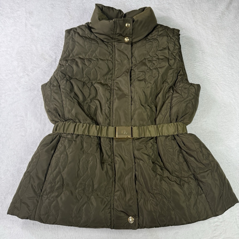LRL Ralph Lauren Puffer Vest Jacket Womens L Quilted Olive Duck Down Black Label